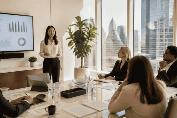 U.S. growth company founder presenting traction and capital requirements to venture investors