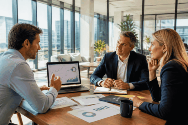 Founder reviewing company growth and investor readiness with venture capital professionals
