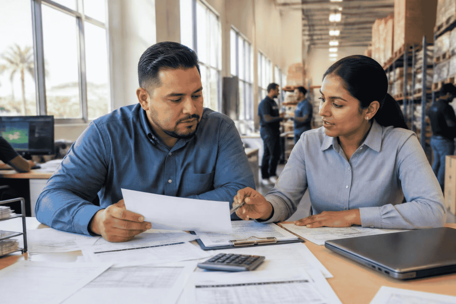 Business owner reviewing working capital qualification information with a funding specialist