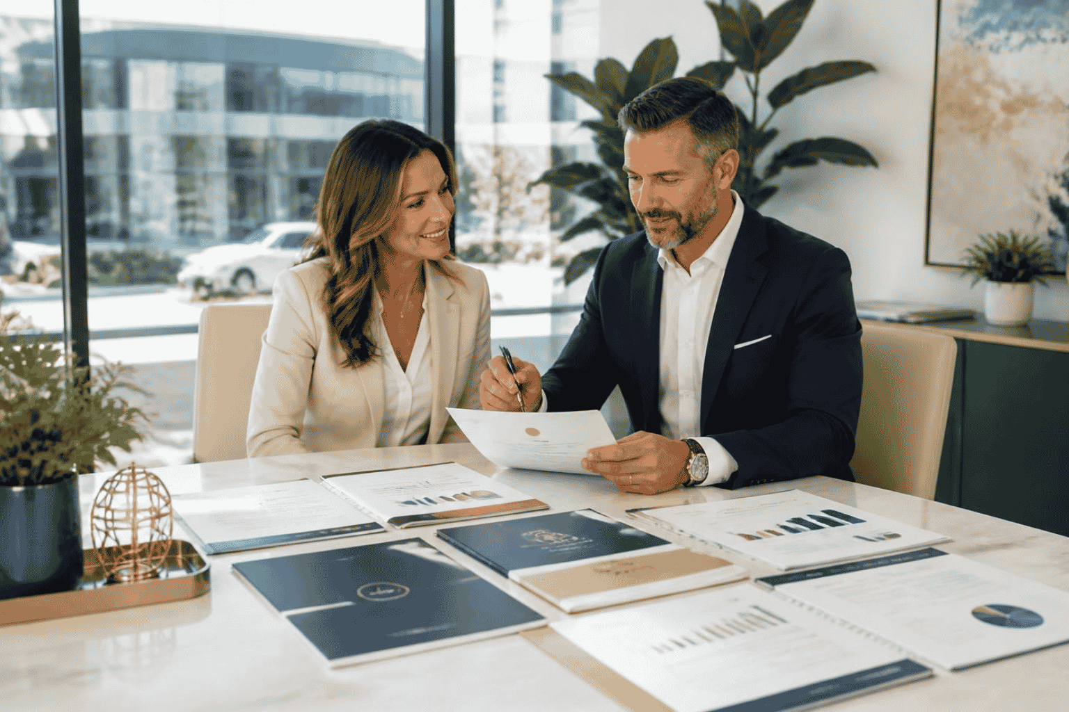 Business owner and funding advisor preparing documents for business funding pre-qualification