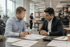 Business buyer preparing credit revenue banking and debt information before seeking acquisition financing