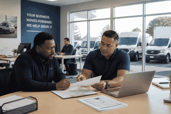 Business owner reviewing an EIN based application for commercial vehicle financing