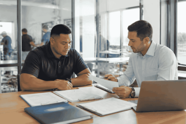 Business buyer reviewing credit revenue cash flow and existing debt before seeking acquisition funding