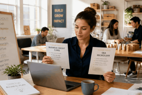 Startup founder comparing a business credit card and SBA microloan for early stage funding