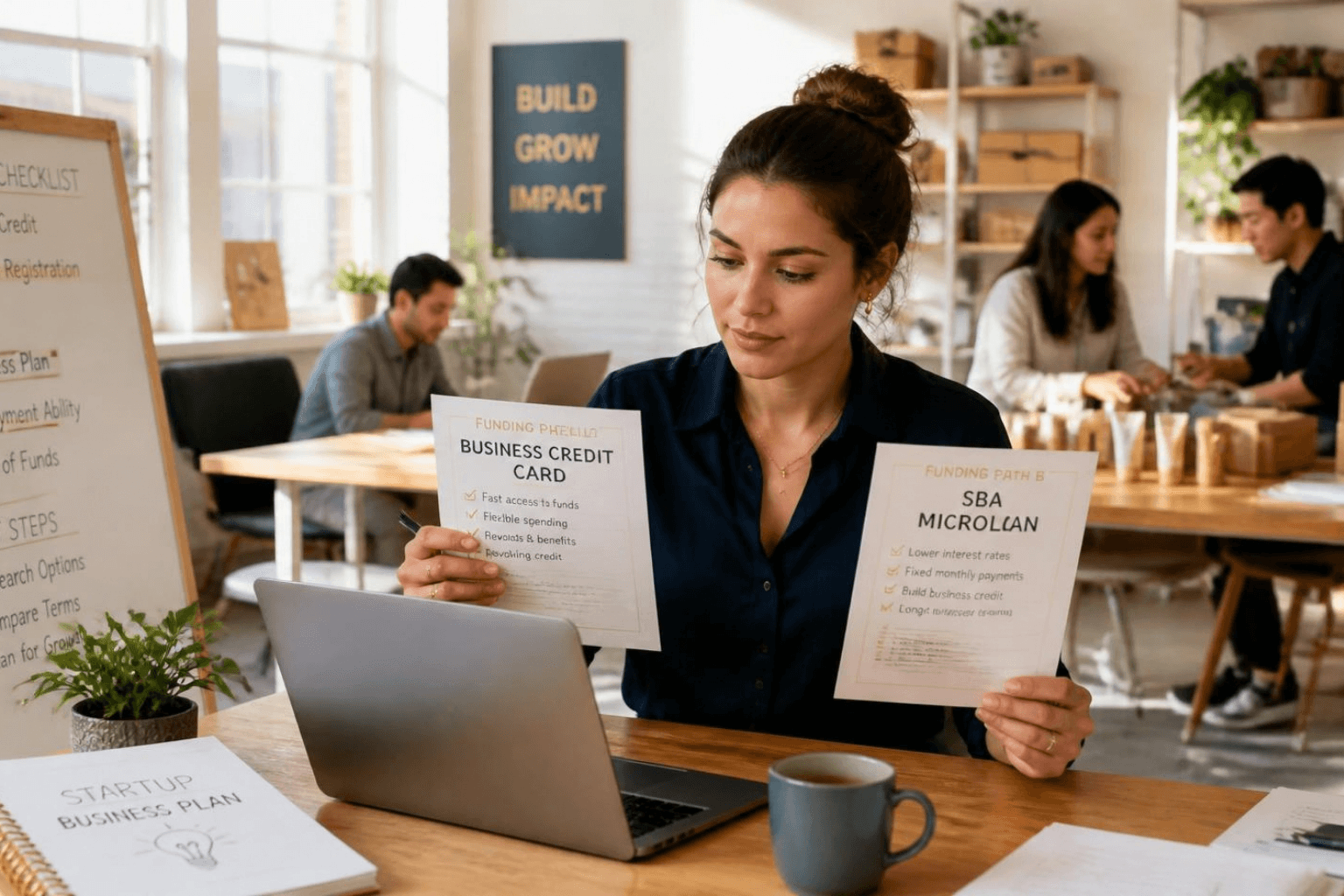 Startup founder comparing a business credit card and SBA microloan for early stage funding