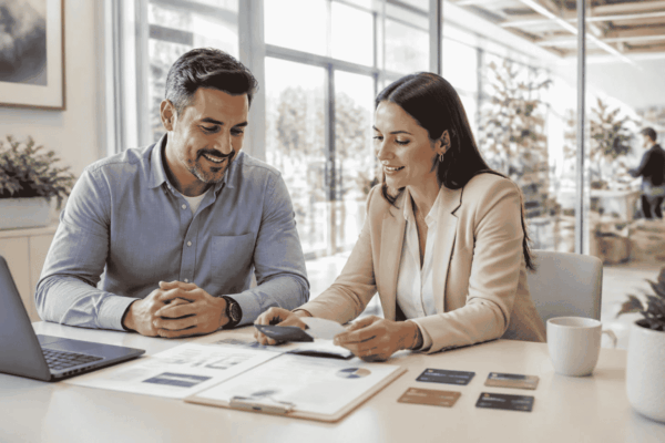 Business owner and funding advisor reviewing existing debt for possible refinancing