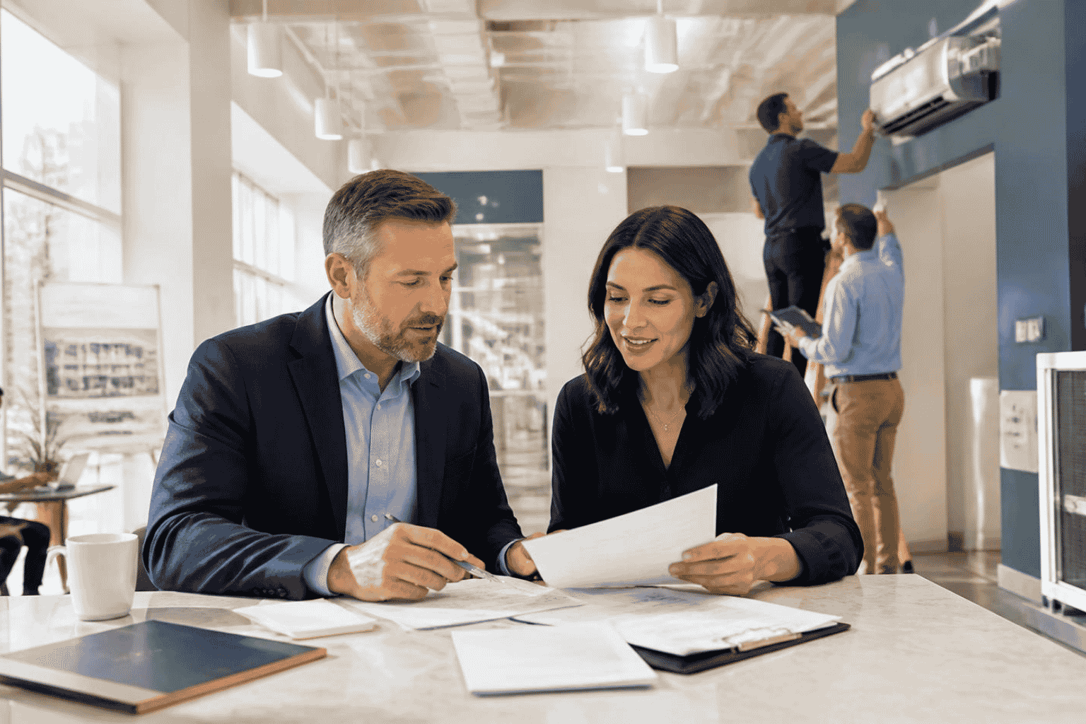 Business owner reviewing financing for energy efficiency equipment and facility upgrades