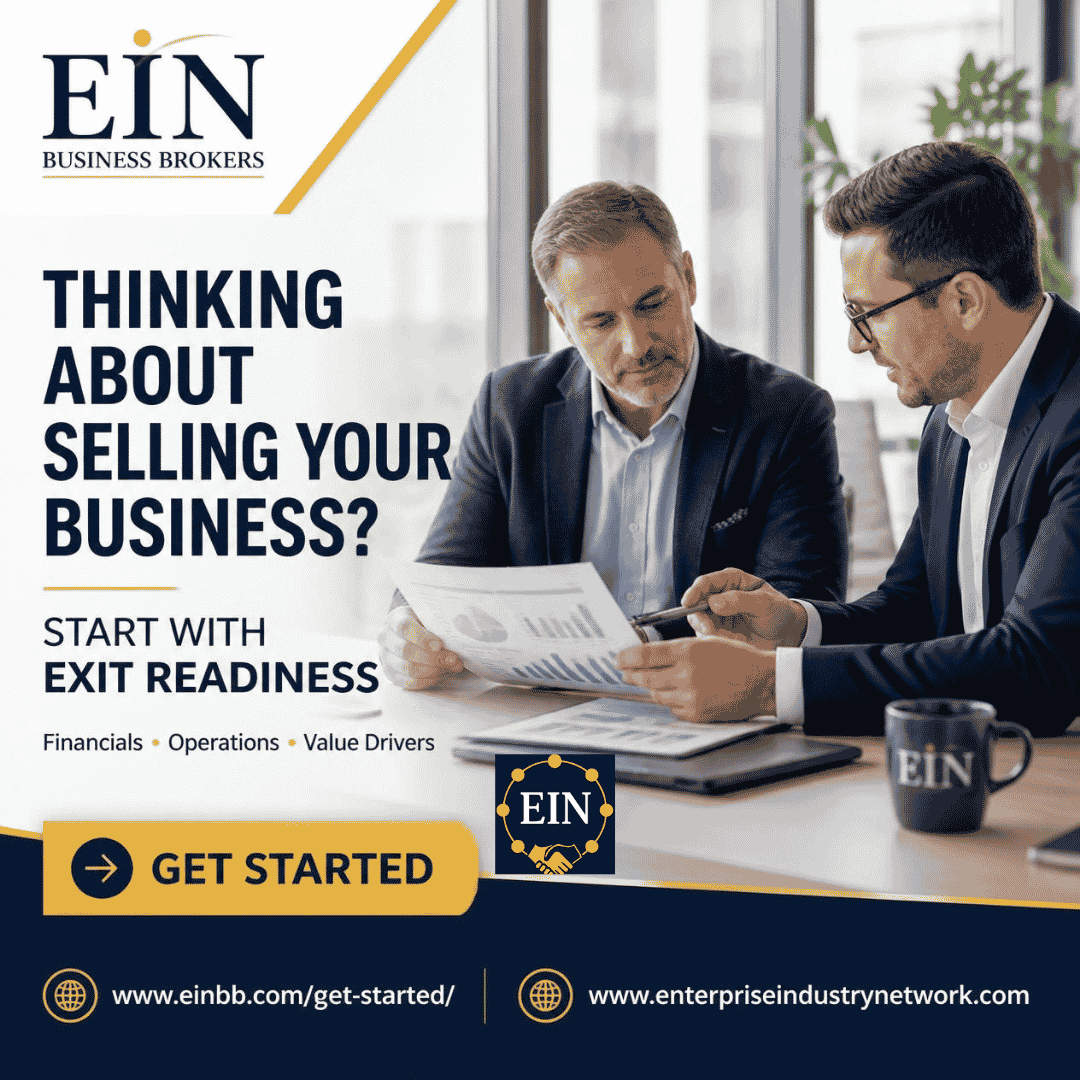 EIN Business Brokers graphic encouraging business owners to consider financials, operations and value drivers before selling a business.
