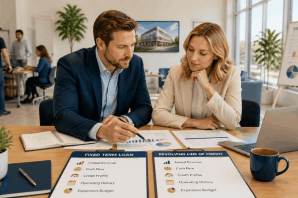 Business owner comparing a term loan and line of credit for company expansion