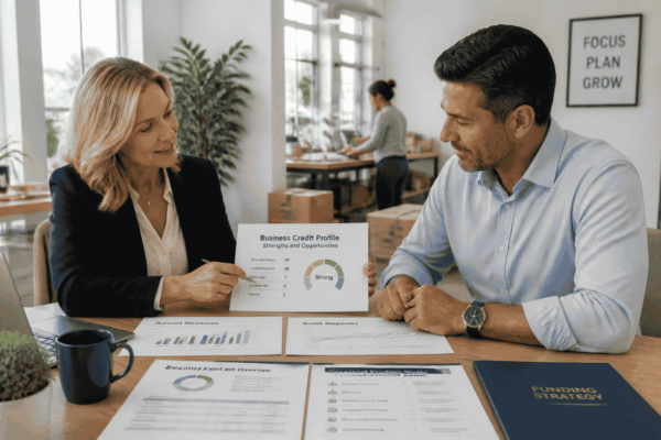 Business owner reviewing funding pre qualification with an advisor before submitting loan applications