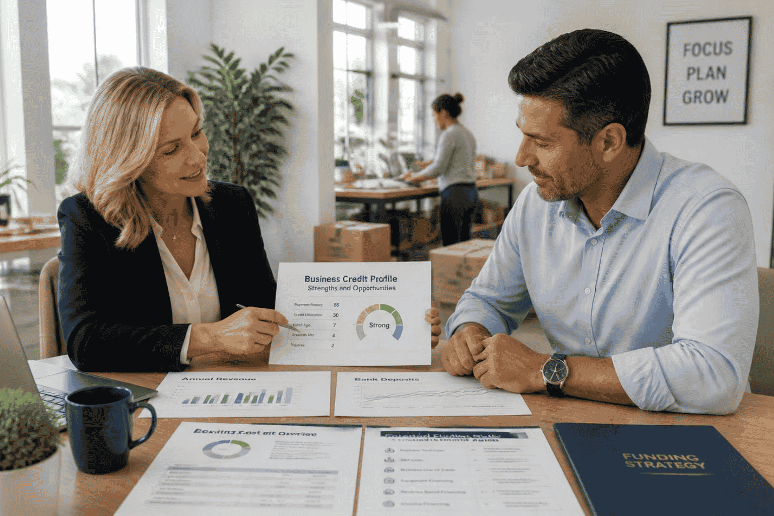 Business owner reviewing funding pre qualification with an advisor before submitting loan applications
