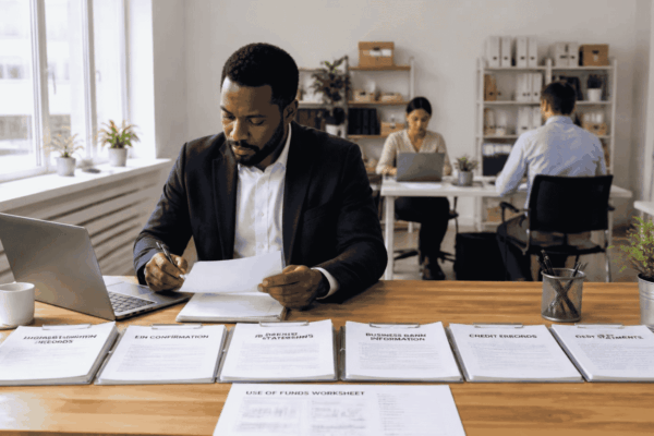 Business owner preparing information required for a business funding application and pre qualification