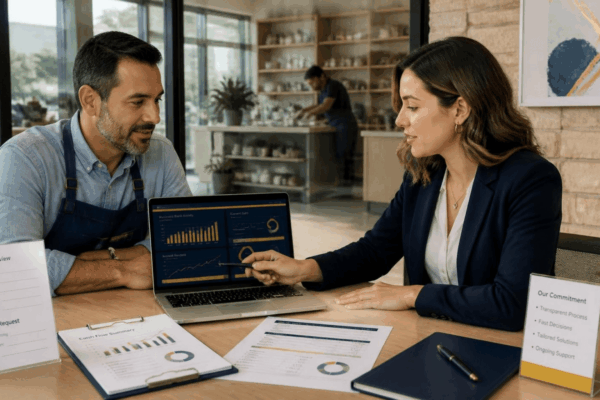 Business owner reviewing bank statements and deposits for online business funding