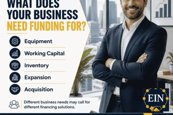 EIN Business Funding graphic showing funding needs including equipment, working capital, inventory, expansion and business acquisition.