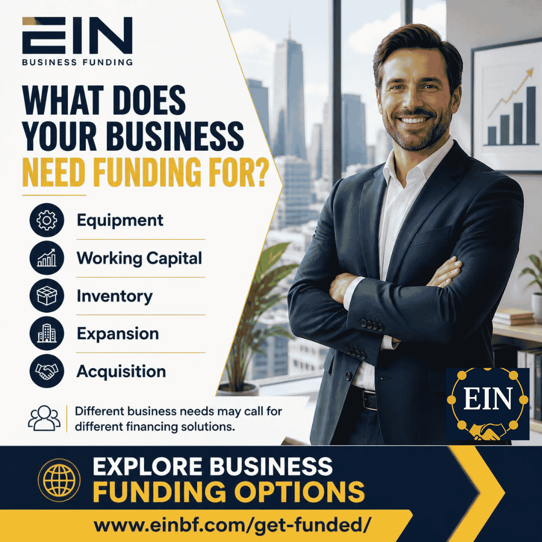 EIN Business Funding graphic showing funding needs including equipment, working capital, inventory, expansion and business acquisition.