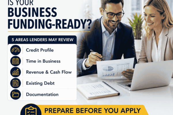EIN Business Funding graphic showing five areas lenders may review including credit profile, time in business, revenue and cash flow, existing debt and documentation.