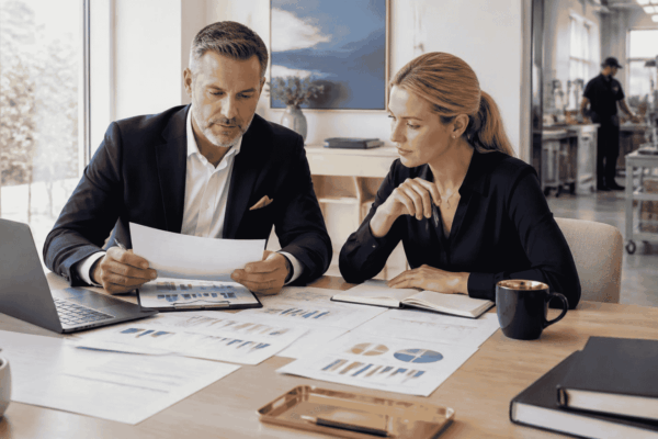 Business owner reviewing revenue cash flow credit and debt for business funding readiness