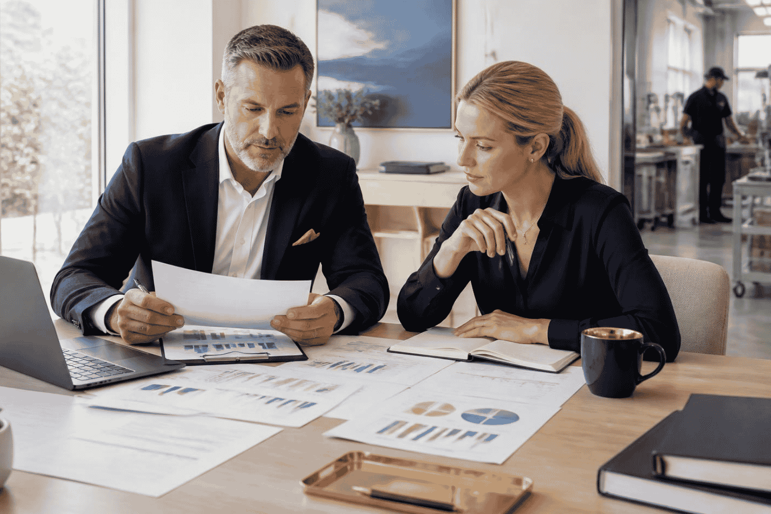 Business owner reviewing revenue cash flow credit and debt for business funding readiness
