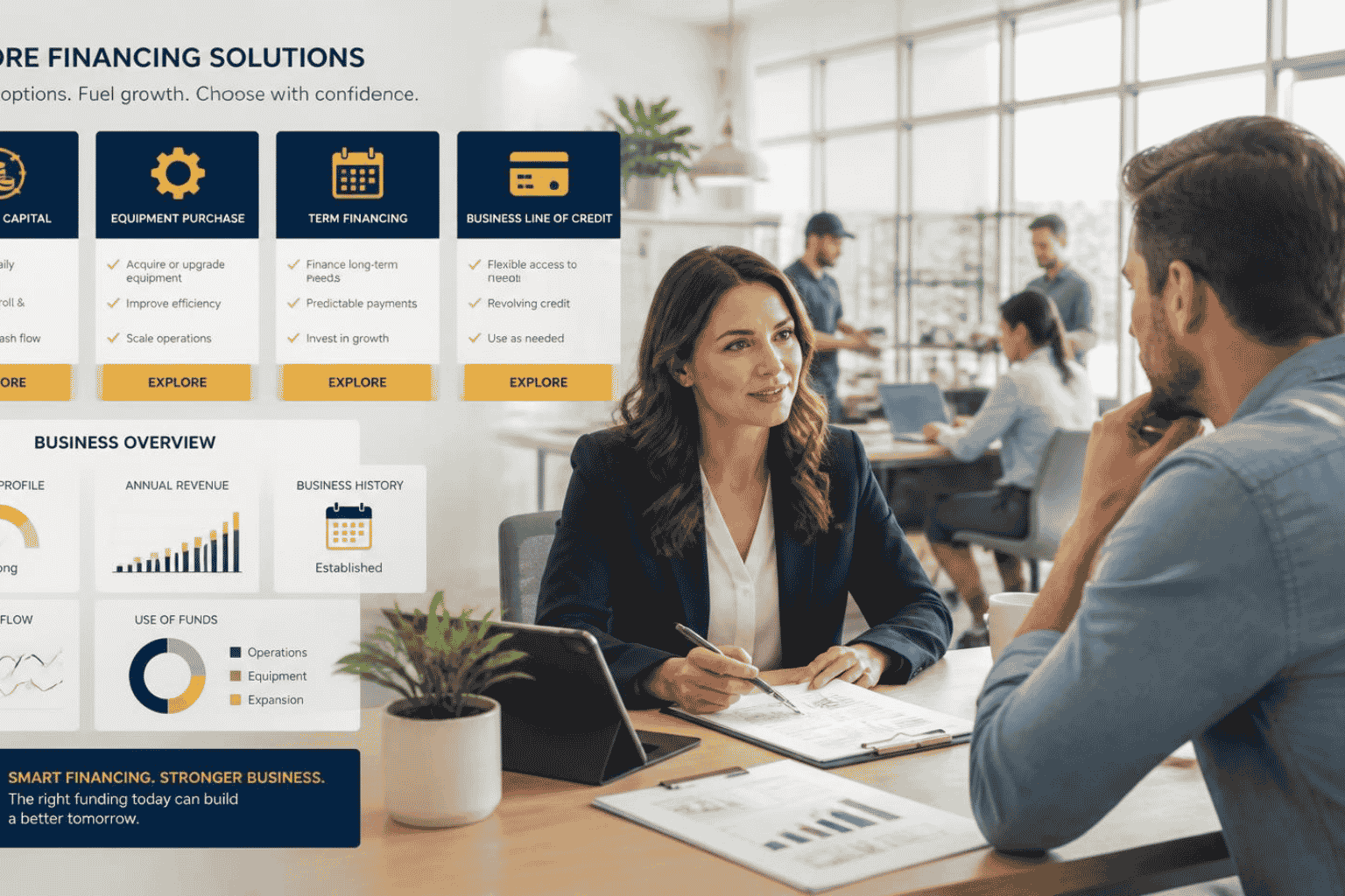 Business owner comparing working capital equipment term loan and line of credit funding solutions