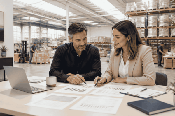 Business owner and funding advisor reviewing financing for seasonal and growth inventory