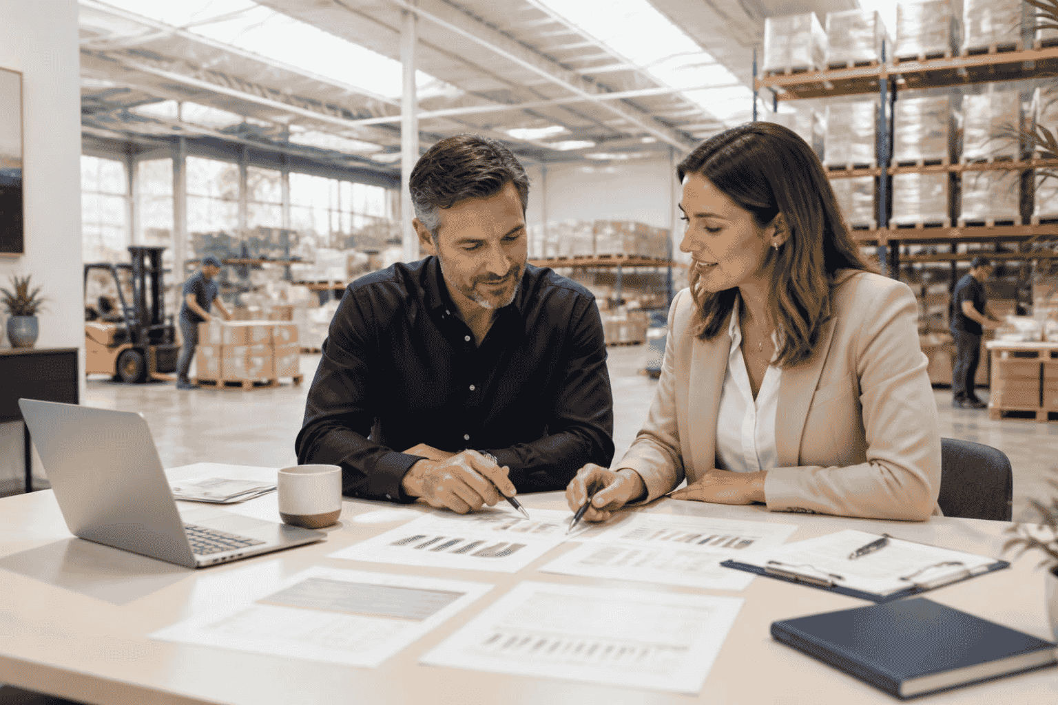 Business owner and funding advisor reviewing financing for seasonal and growth inventory