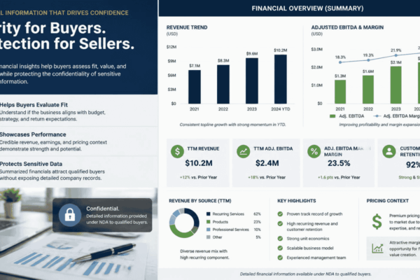 Seller and listing specialist choosing financial information for a confidential business-for-sale listing