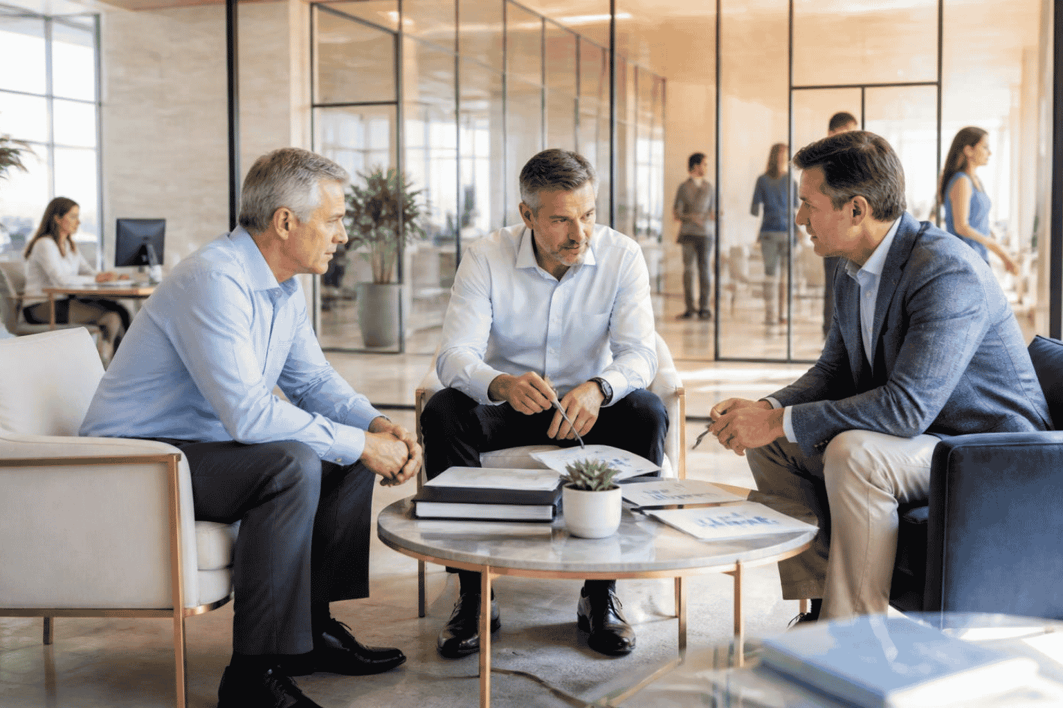 Business partners and strategic advisor planning an ownership buyout and management transition