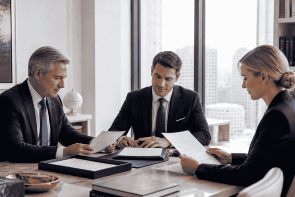 Business seller buyer and attorney reviewing escrow and holdback terms before closing