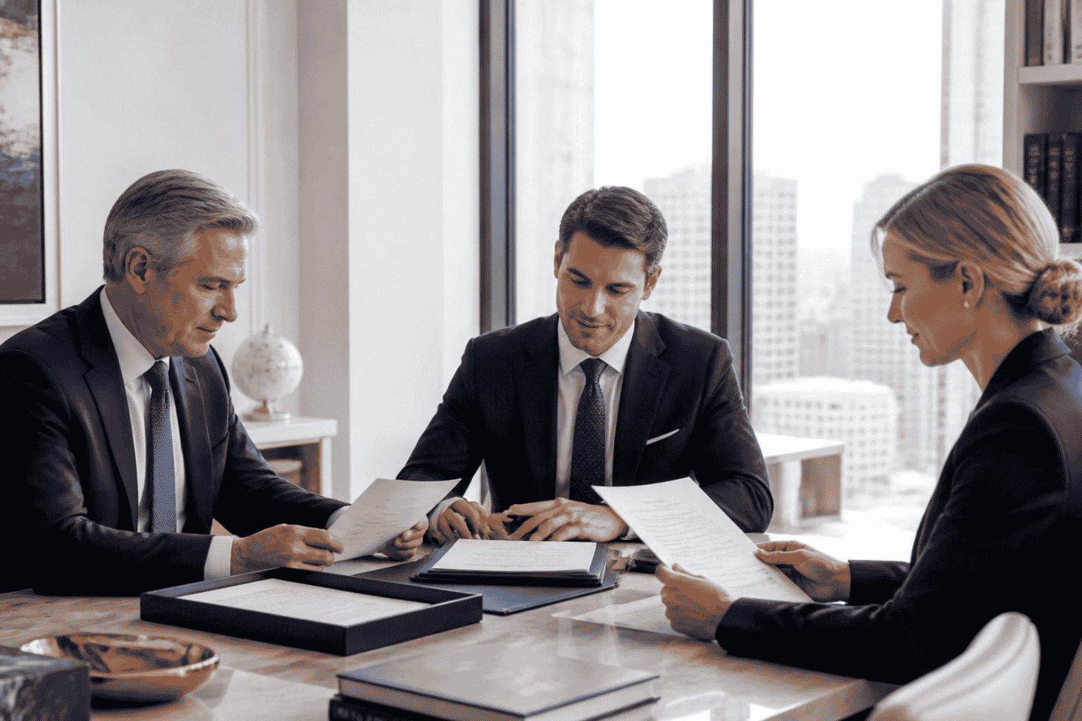 Business seller buyer and attorney reviewing escrow and holdback terms before closing