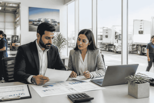 Logistics business owner reviewing financing for commercial trucks and business vehicles