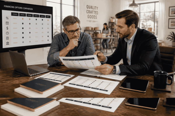 Business owner comparing financing offers including rates terms fees and payment schedules