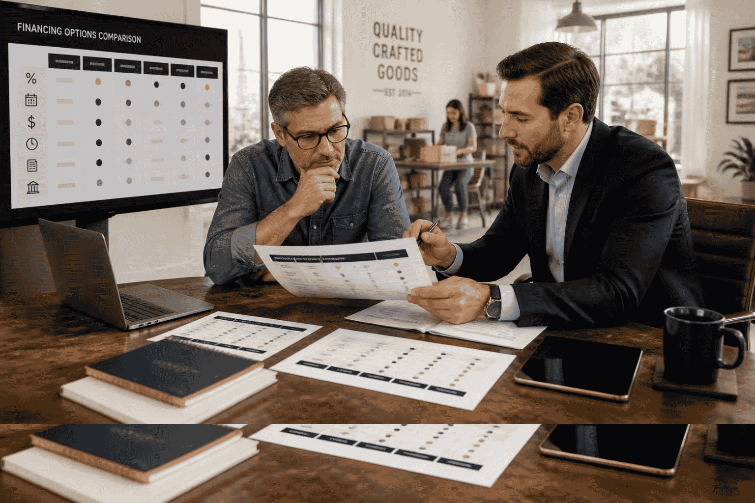 Business owner comparing financing offers including rates terms fees and payment schedules