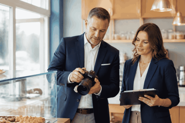 Business seller and listing specialist selecting confidential photos for a business-for-sale listing