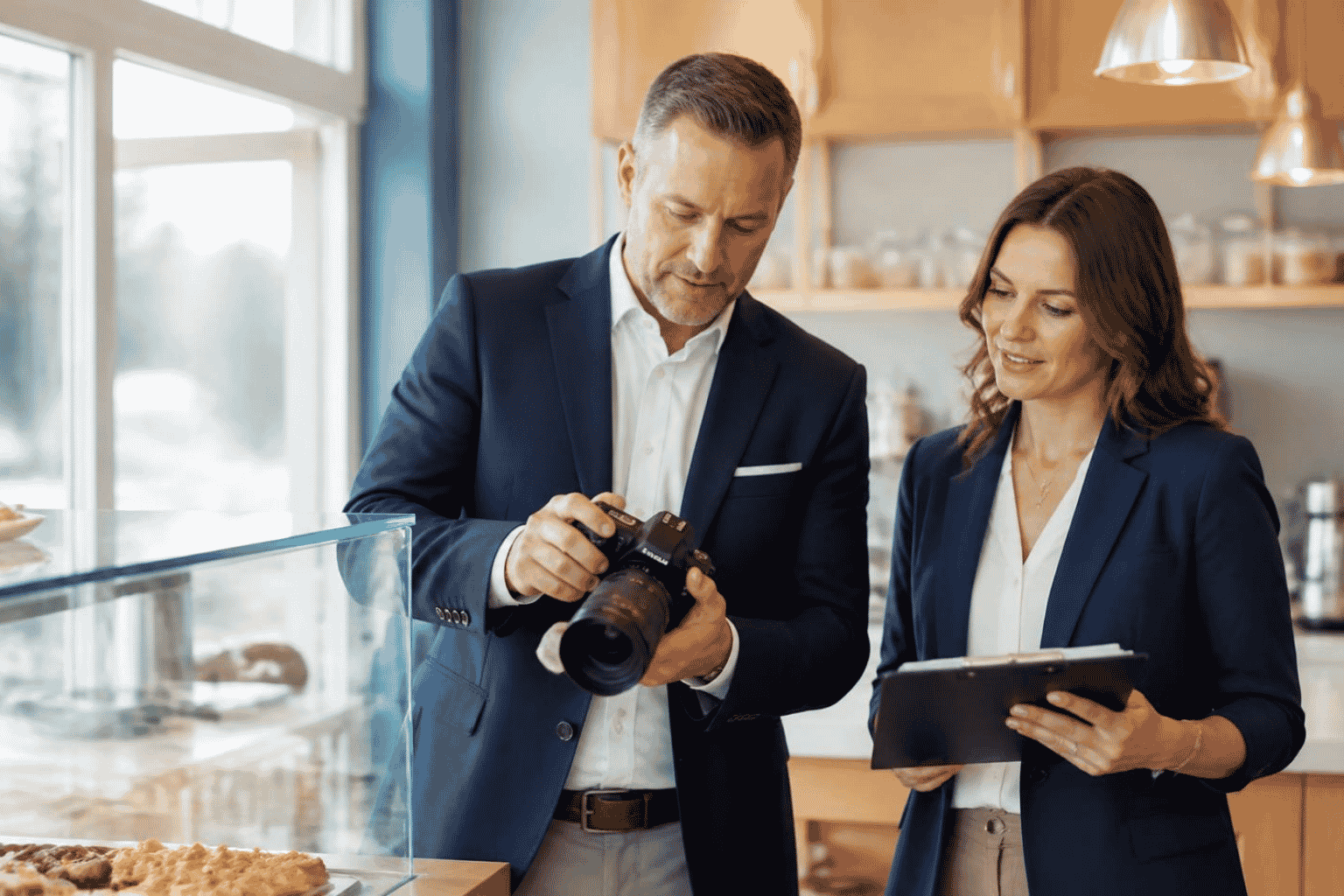 Business seller and listing specialist selecting confidential photos for a business-for-sale listing