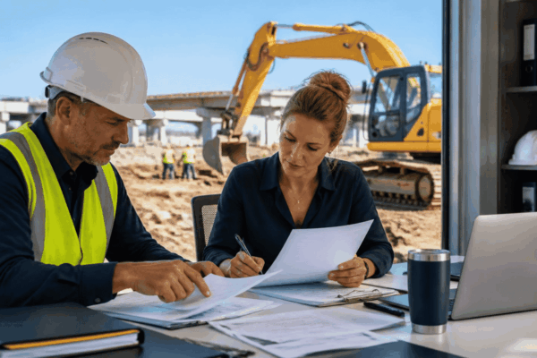 Contractor reviewing construction equipment financing for new commercial machinery