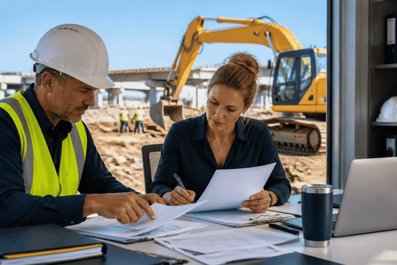 Contractor reviewing construction equipment financing for new commercial machinery