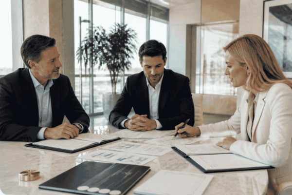 Business buyer seller and attorney reviewing an earnout structure before closing