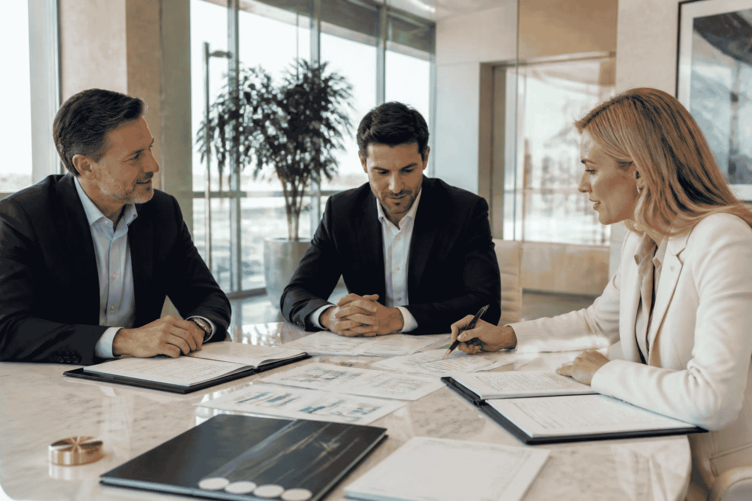 Business buyer seller and attorney reviewing an earnout structure before closing