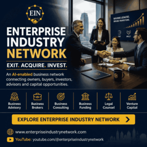 Enterprise Industry Network graphic introducing its AI-enabled business network across business advisory, brokerage, consulting, funding, legal counsel and venture capital.