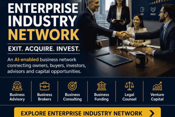 Enterprise Industry Network graphic introducing its AI-enabled business network across business advisory, brokerage, consulting, funding, legal counsel and venture capital.