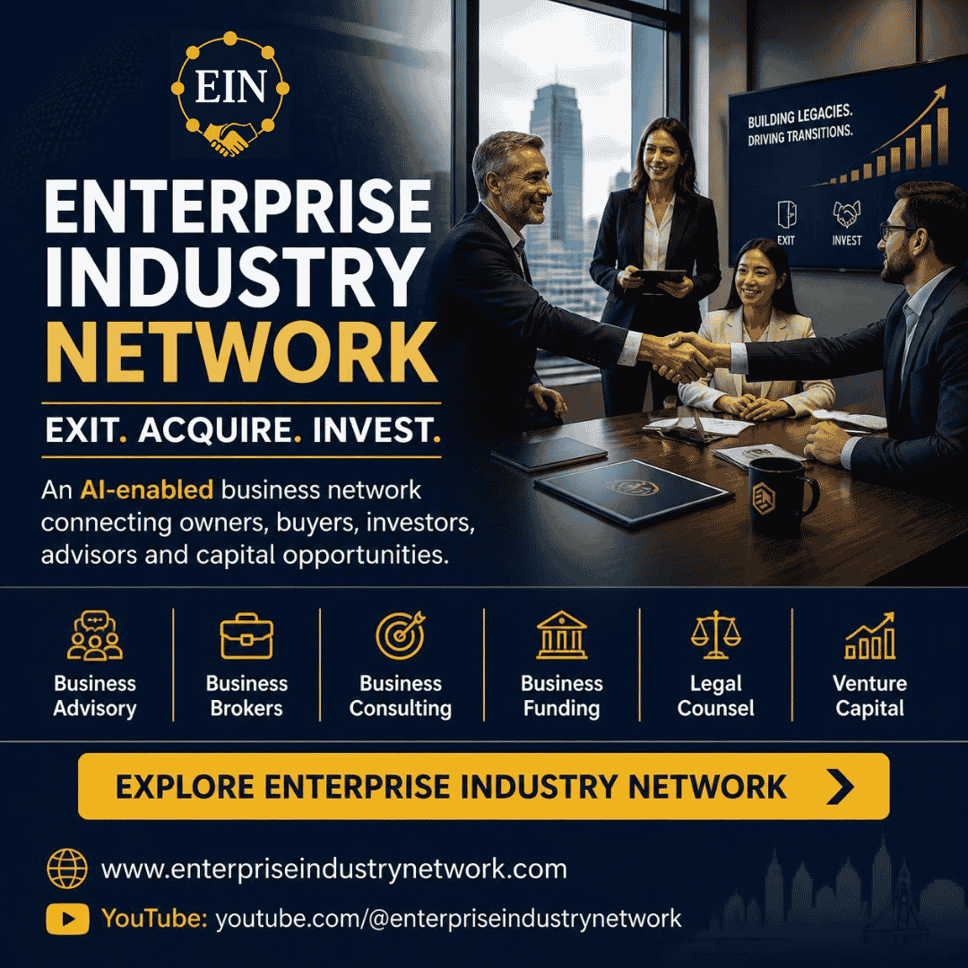Enterprise Industry Network graphic introducing its AI-enabled business network across business advisory, brokerage, consulting, funding, legal counsel and venture capital.