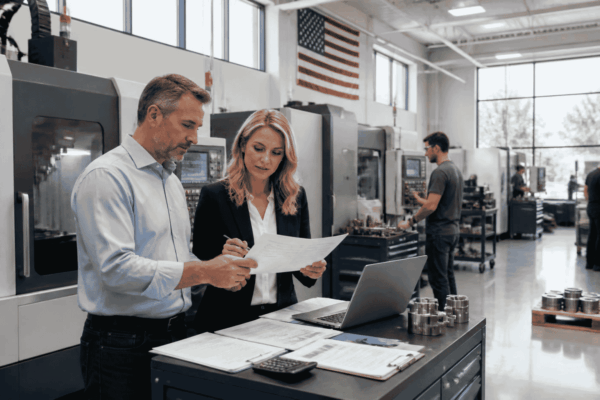 Manufacturing business owner reviewing equipment financing with an EIN for new machinery