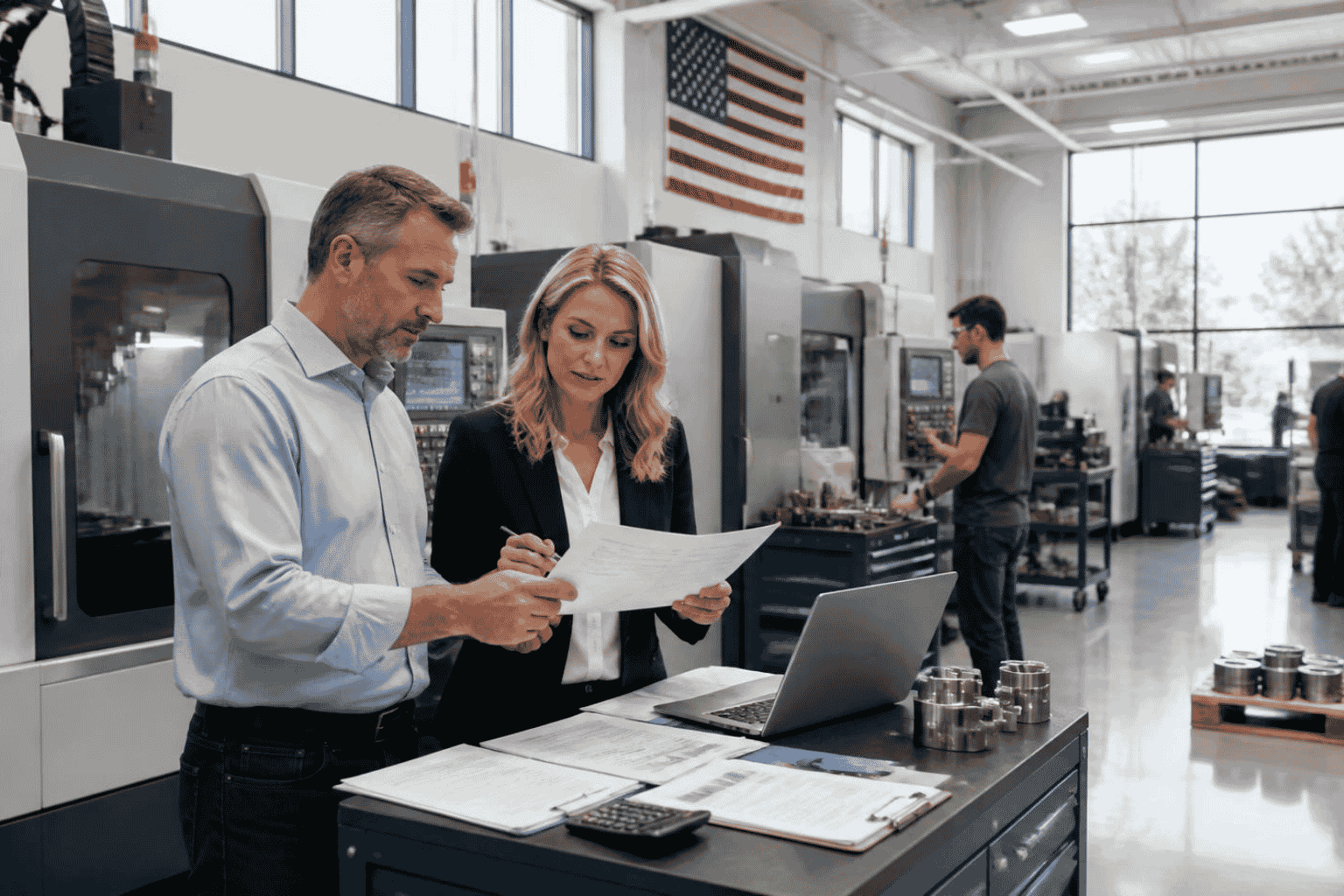 Manufacturing business owner reviewing equipment financing with an EIN for new machinery