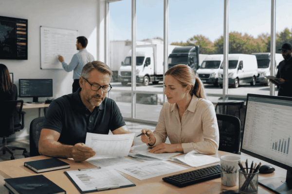 Business owner reviewing financing for trucks vans and commercial fleet expansion