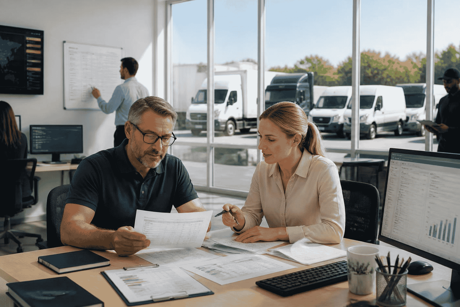 Business owner reviewing financing for trucks vans and commercial fleet expansion