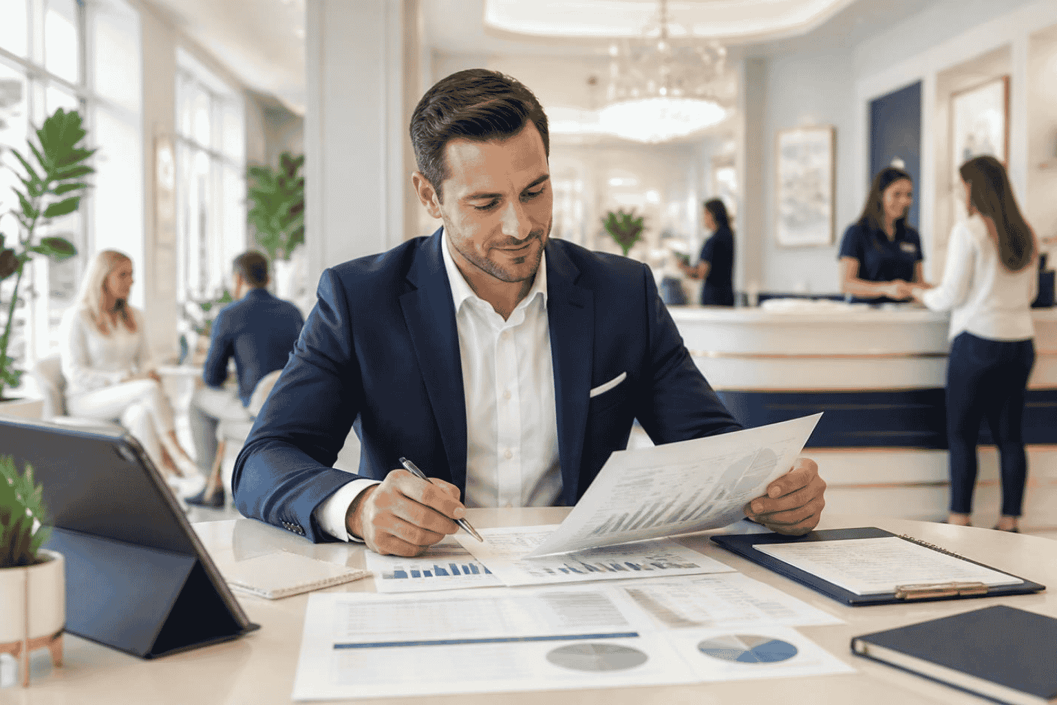 Franchise buyer and funding advisor reviewing financing requirements for a franchise purchase