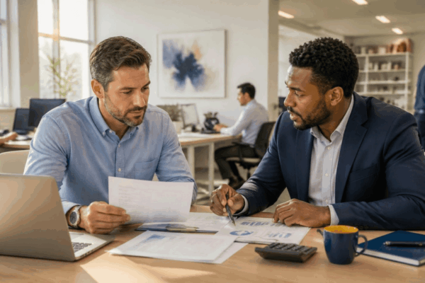 B2B business owner reviewing an unpaid customer invoice for possible invoice financing