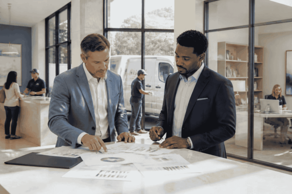 Business owner and consultant comparing profitability across locations and service lines