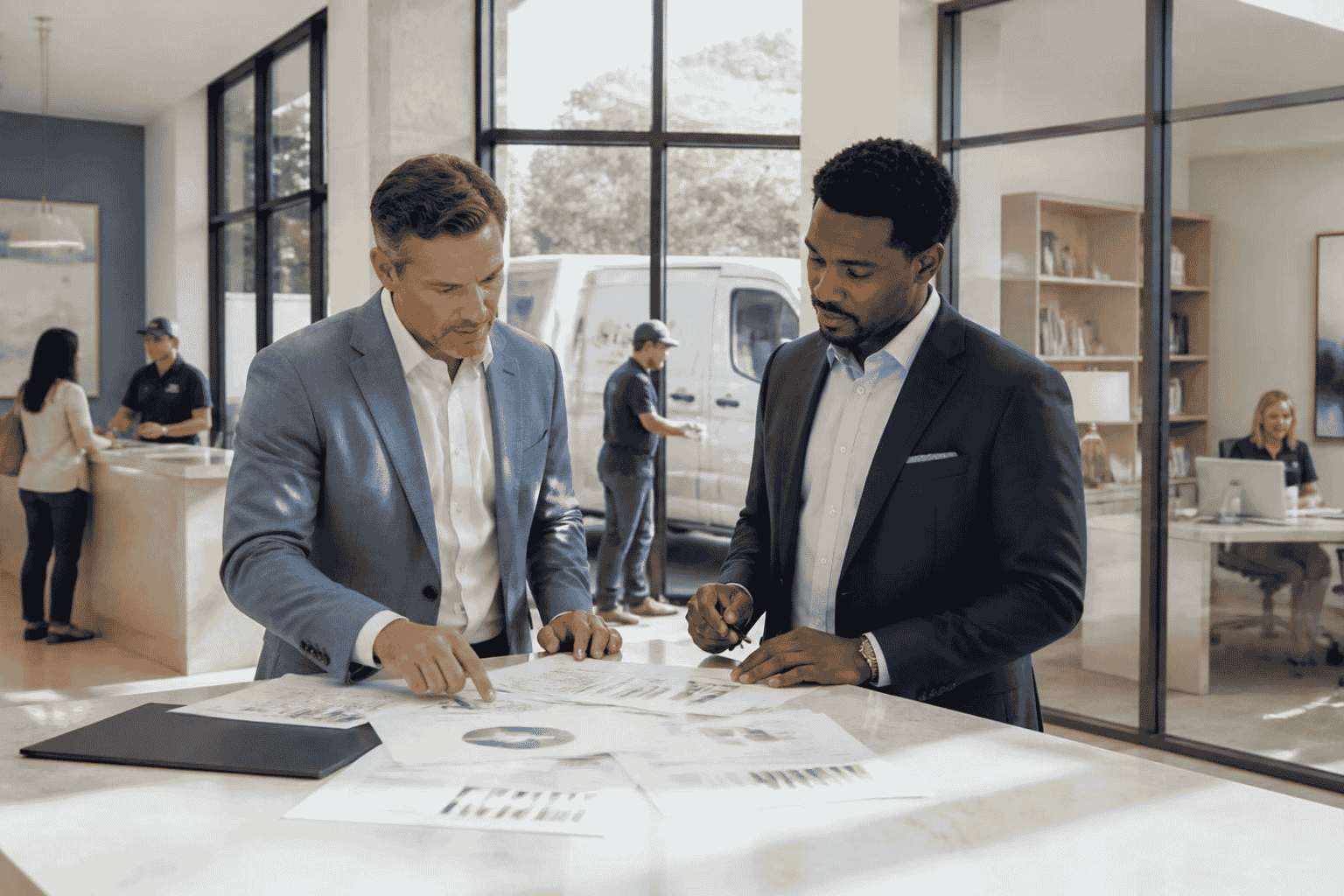 Business owner and consultant comparing profitability across locations and service lines
