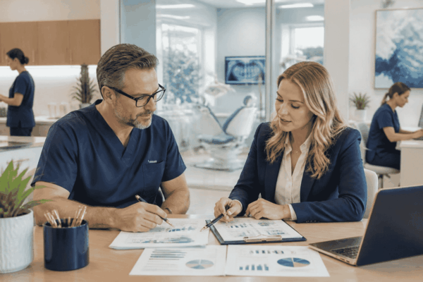 Medical practice owner reviewing working capital financing for payroll supplies and growth
